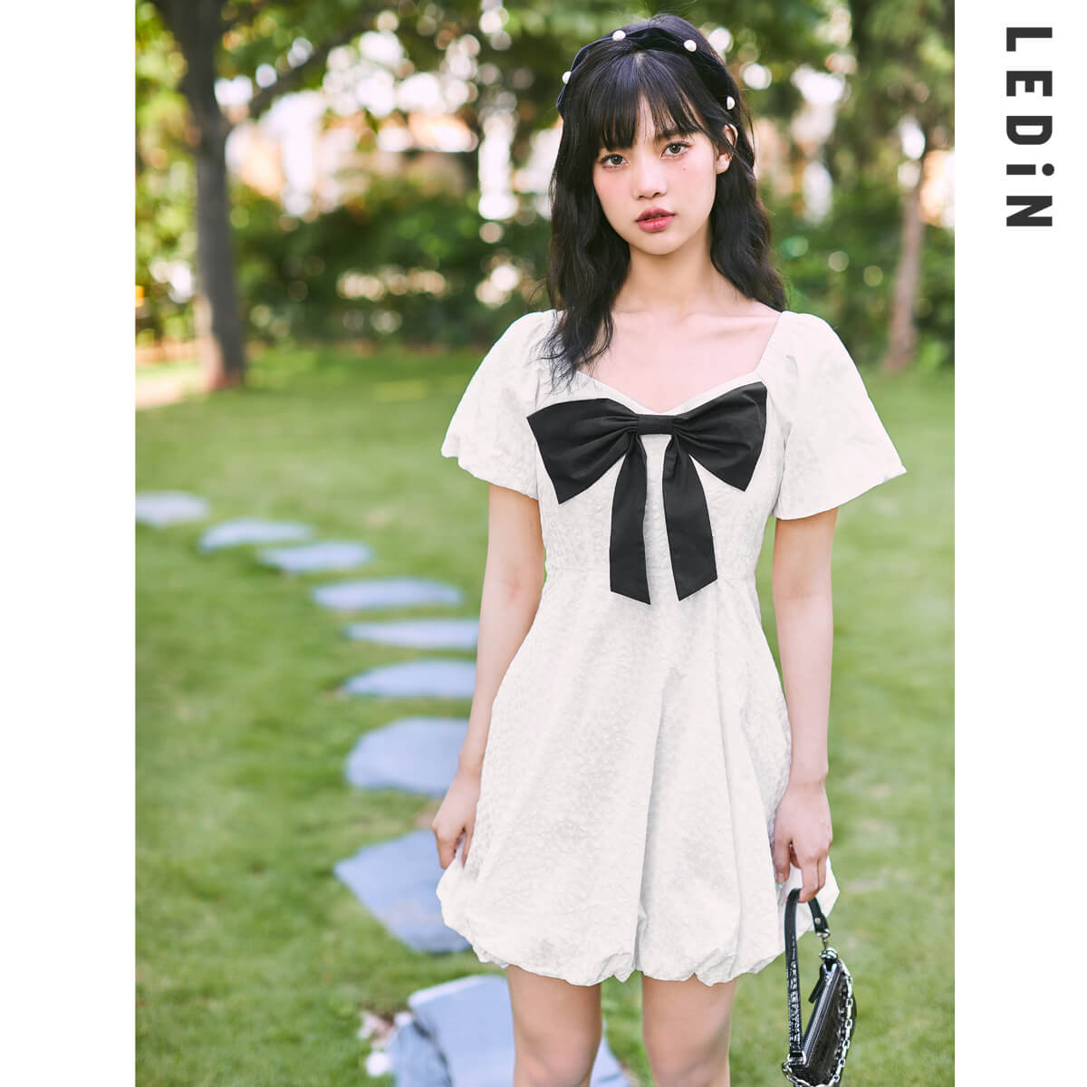 氣質水冰月連衣裙2021新款春蝴蝶結連衣裙方領茶歇裙 氣質水冰月連衣裙2021新款春蝴蝶結連衣裙方領茶歇裙